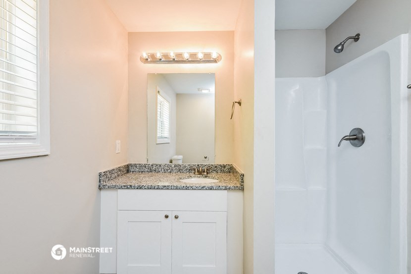 a bathroom with a sink and a shower and a mirror
