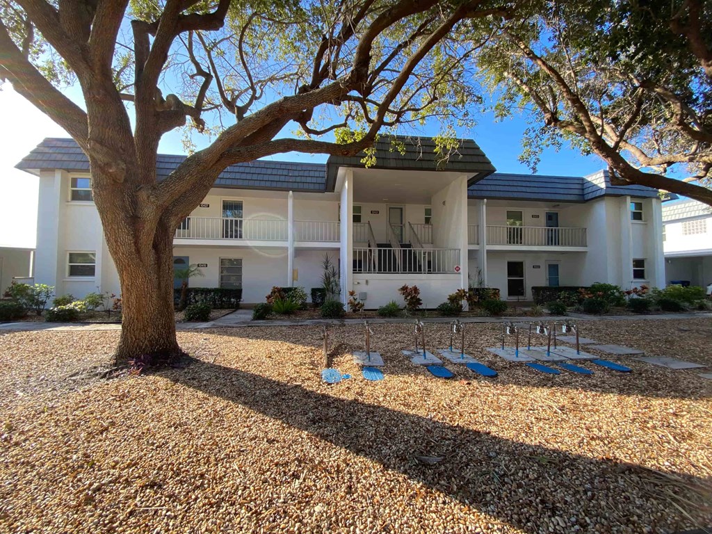 a house with a tree and chairs in front of it