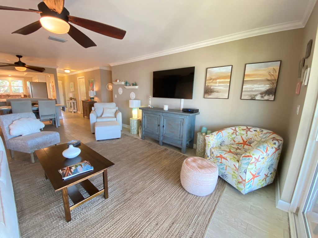 a living room with a couch and a table