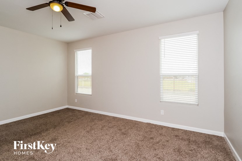 a bedroom with carpet and a ceiling fan and two windows