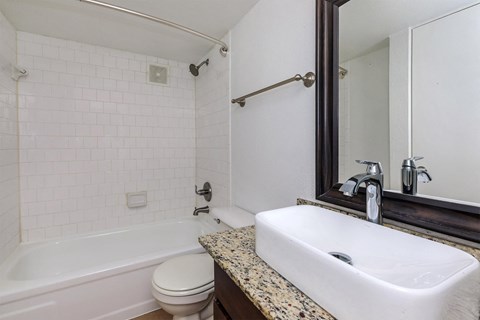 a bathroom with a sink and a tub and a mirror