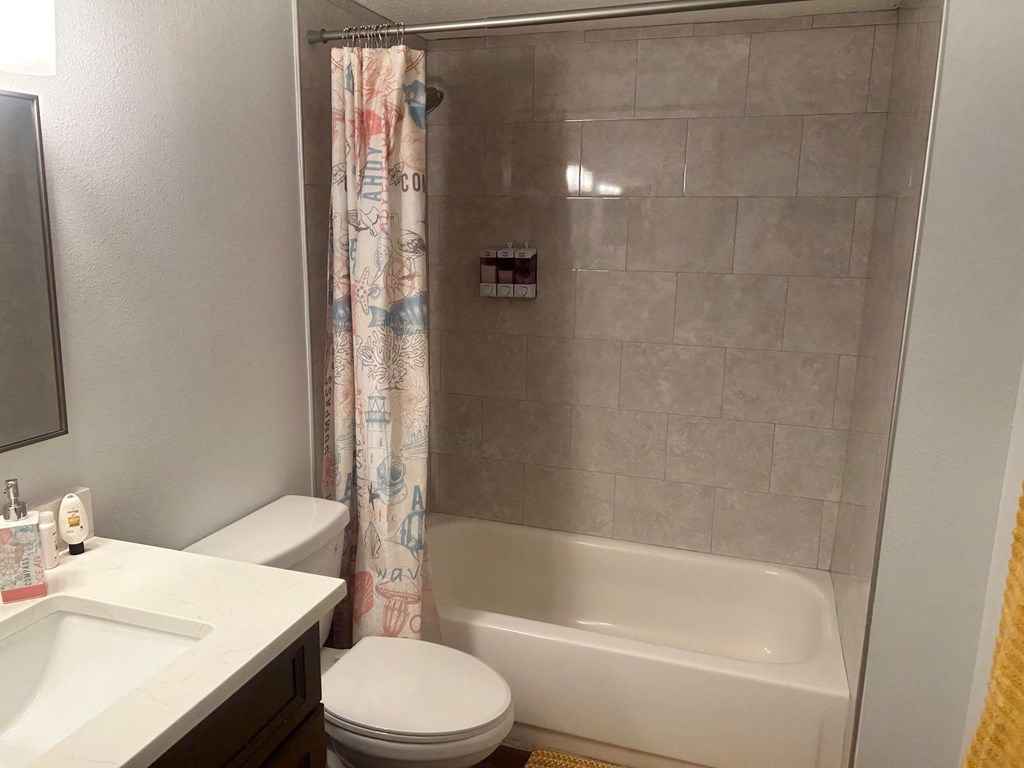 a bathroom with a toilet and a tub and a sink