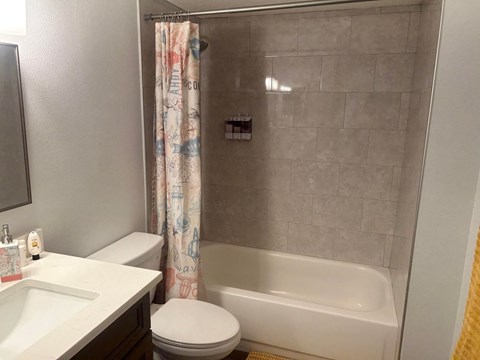 a bathroom with a toilet and a tub and a sink