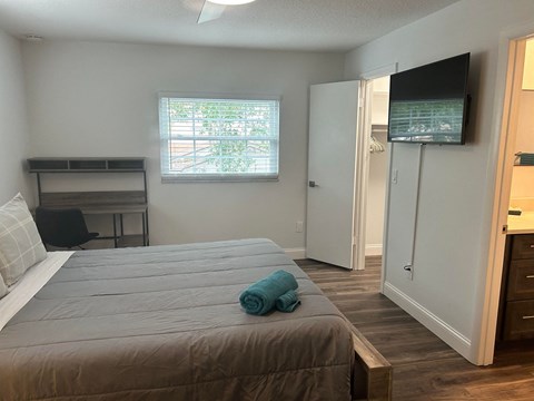 a bedroom with a large bed and a tv