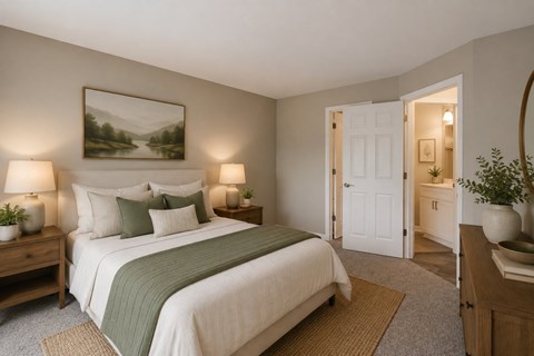 A bedroom with a large bed and a painting on the wall.
