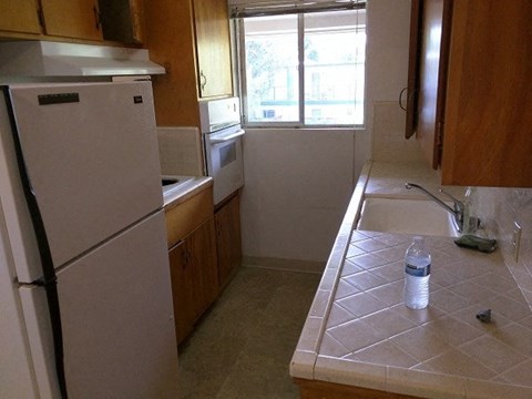 a kitchen with a sink and a refrigerator
