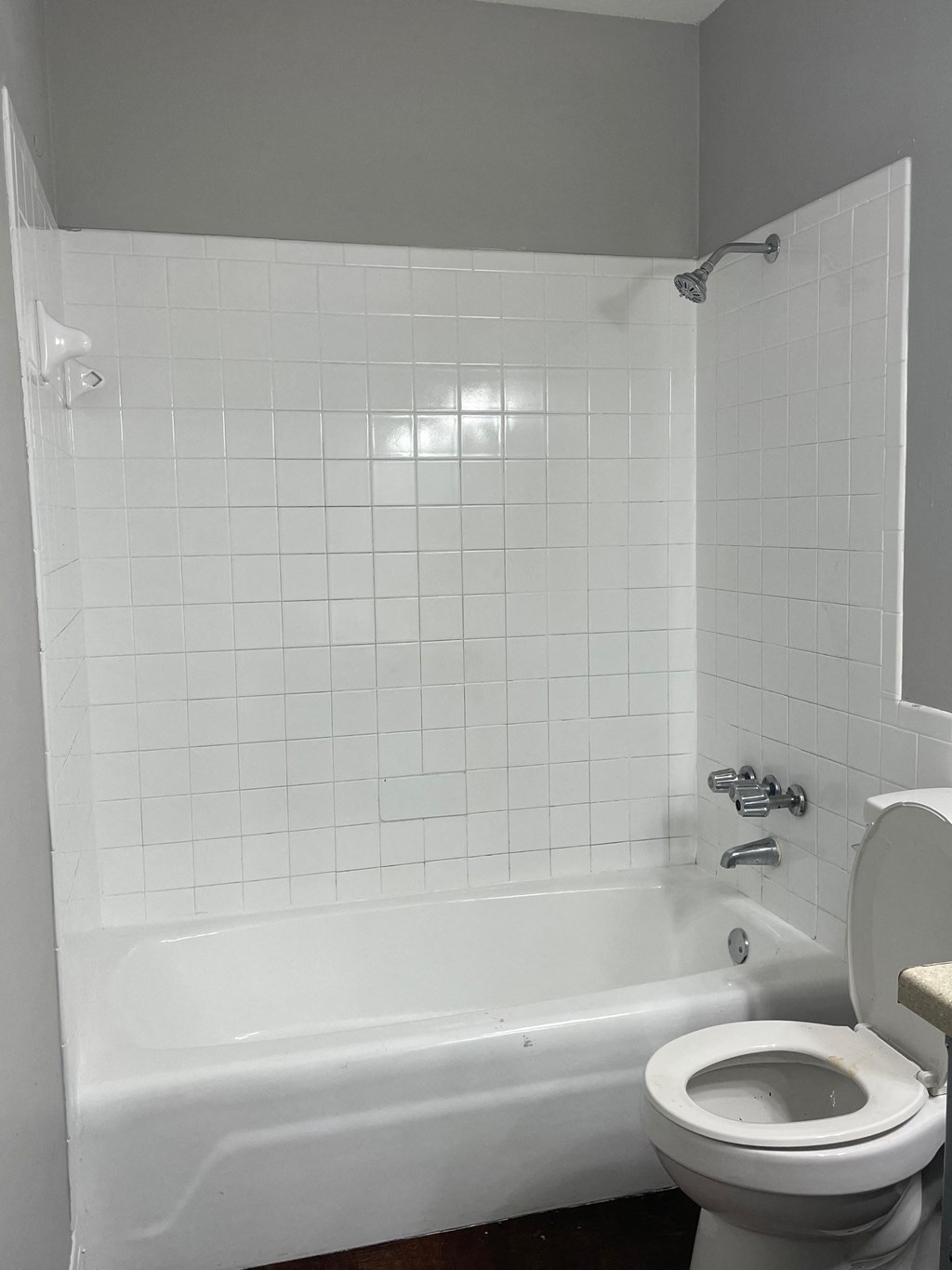 a white bathroom with a toilet and a tub