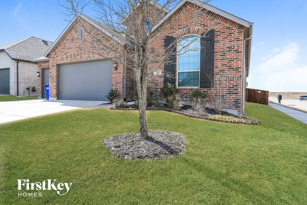 a tree in a yard in front of a house