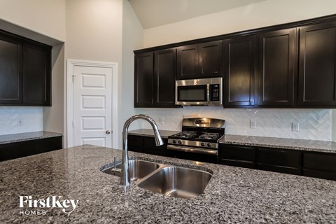 a kitchen with black cabinets and granite counter tops and a sink