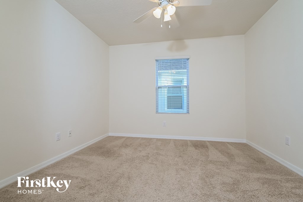 a spacious room with carpet and a ceiling fan