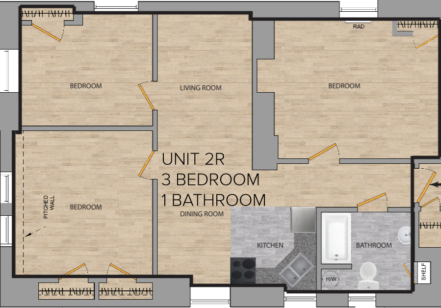 a floor plan of a bathroom with a description of unit 2 and 3 bathroom