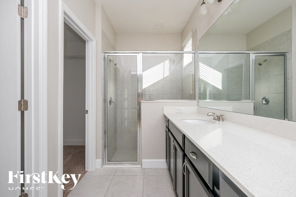 a bathroom with a sink and a shower