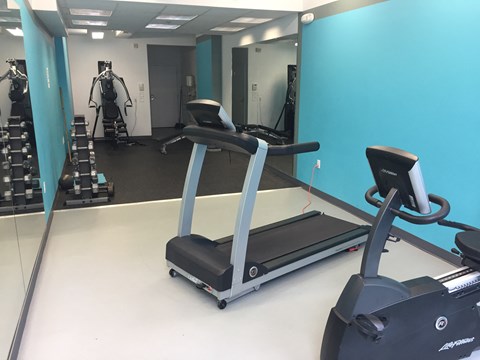 a gym with a treadmill and a mirror on the wall