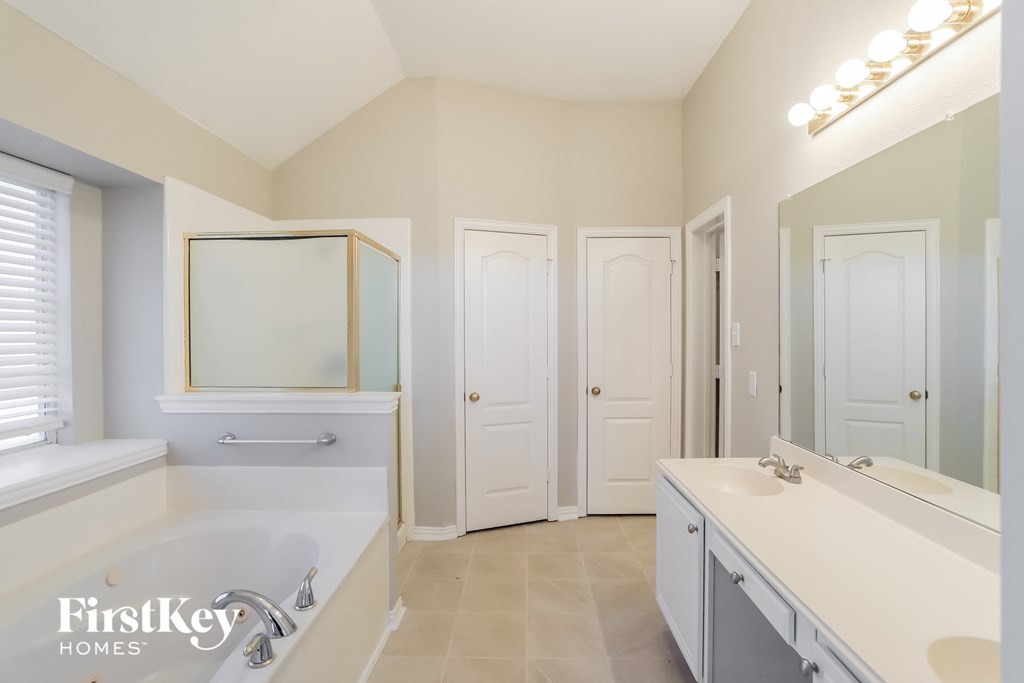 a bathroom with a tub and a sink and a mirror