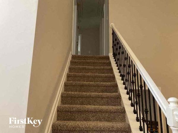 a set of stairs with carpeted steps and a black railing