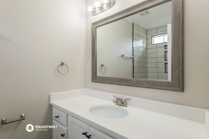 a bathroom with a sink and a mirror and a shower