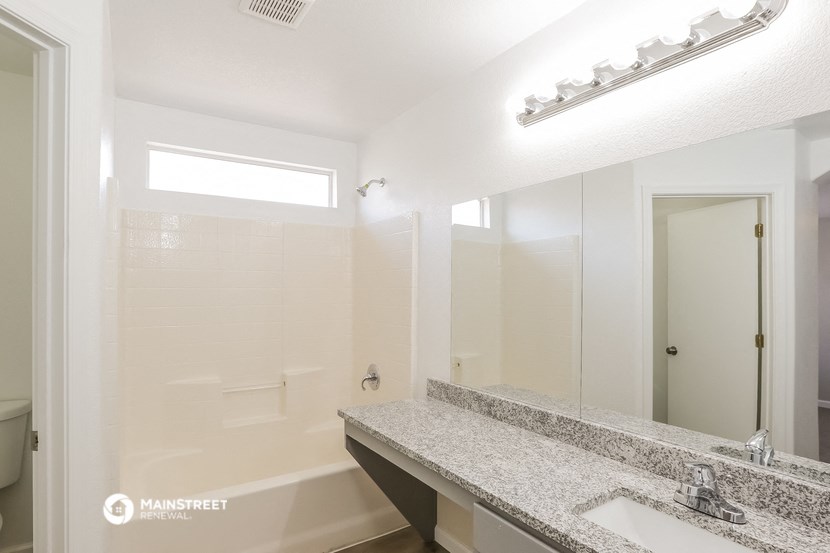 a bathroom with a sink and a shower and a mirror