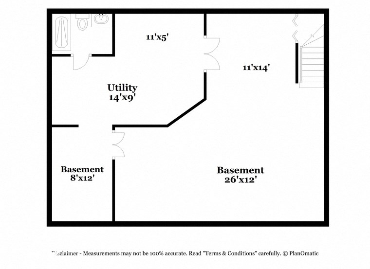 the schematic floor plan for a bedroom unit with a bathroom and a basement