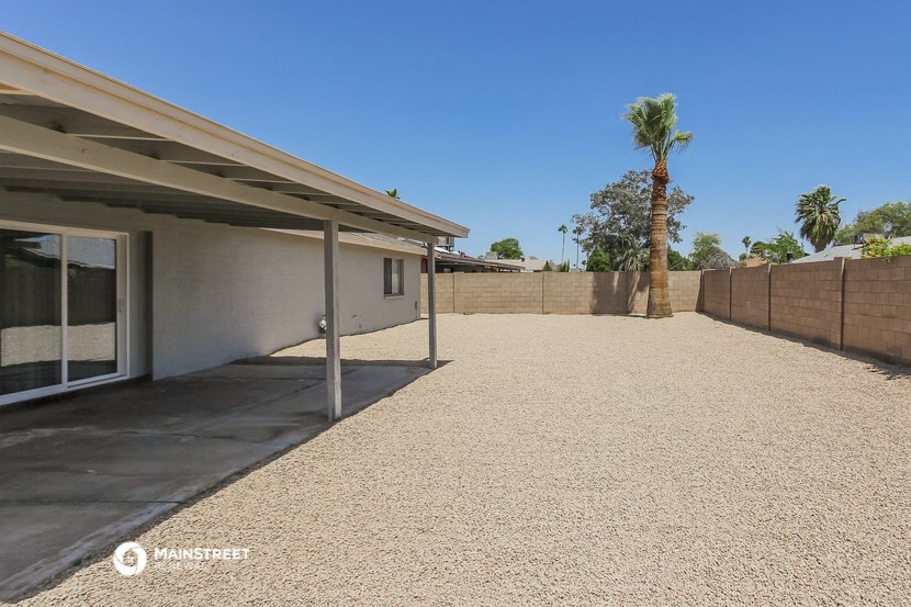 a paved driveway in front of a house with a palm tree