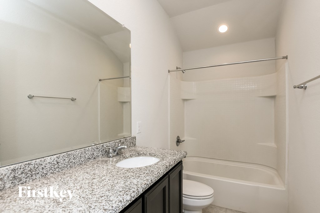 a bathroom with a sink and a shower and a toilet