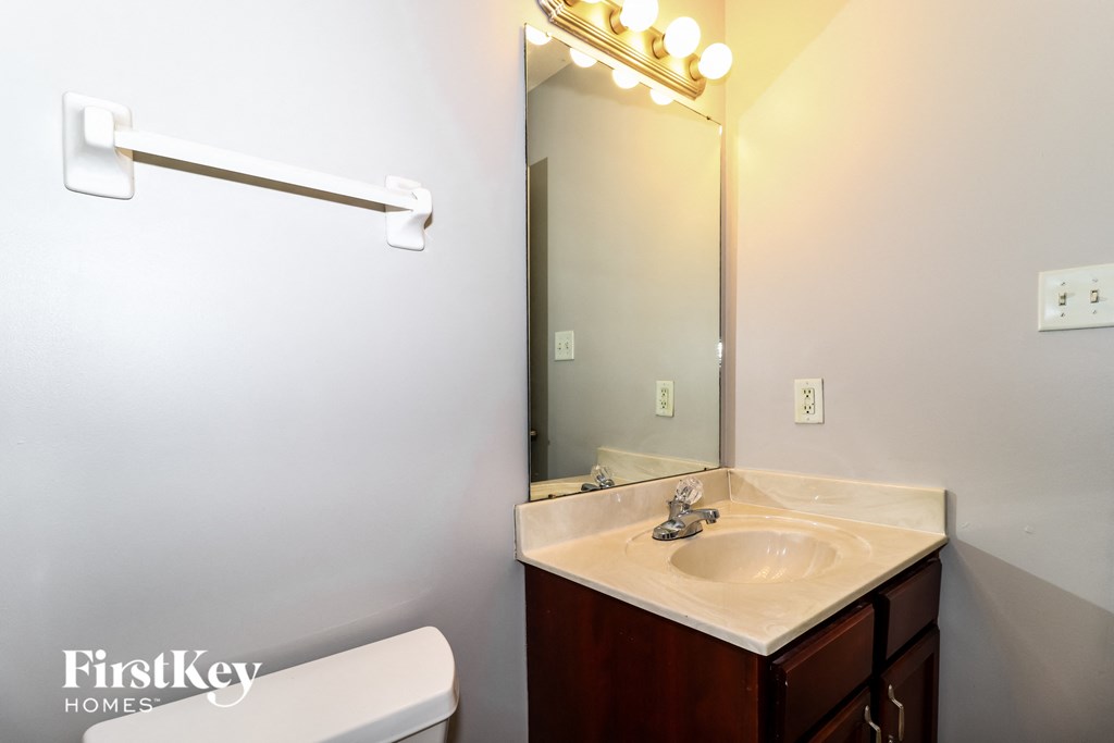 a bathroom with a sink and a mirror and a toilet
