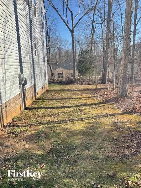 A backyard with a fence and trees.