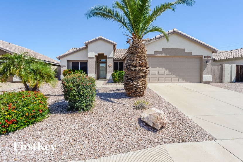 A palm tree stands in front of a house with a gravel driveway.