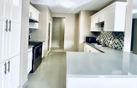 a kitchen with white cabinets and a counter top