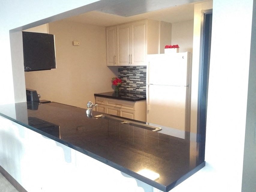 a kitchen with a white refrigerator and a black counter top