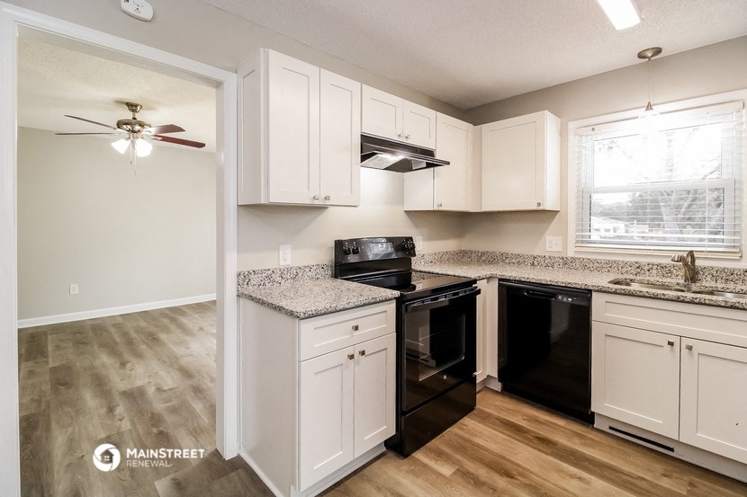 the kitchen of an apartment with white cabinets and black appliances