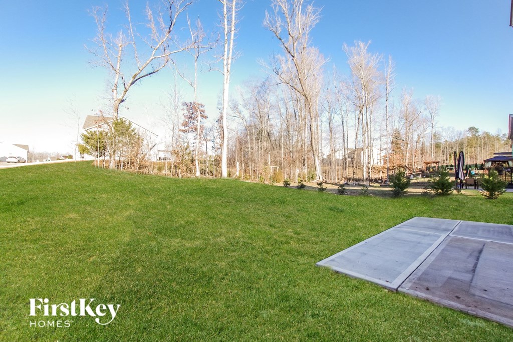 a backyard with a ping pong court and trees