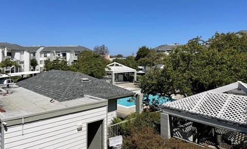 A residential area with houses and a pool.