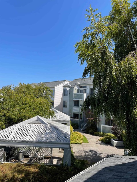 A white building with a grey roof is surrounded by greenery.