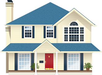 a house with a blue roof and a red door