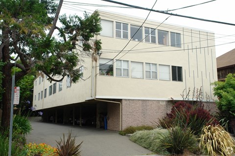A white building with a tree in front of it.