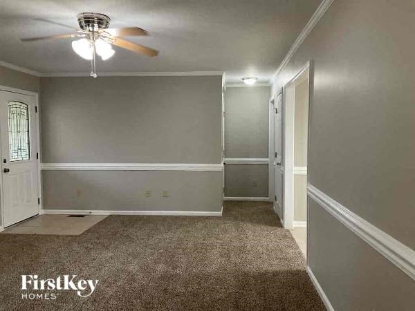 A room with a carpeted floor and a ceiling fan.