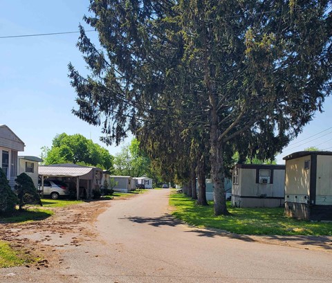 a dirt road winding through a row of mobile homes