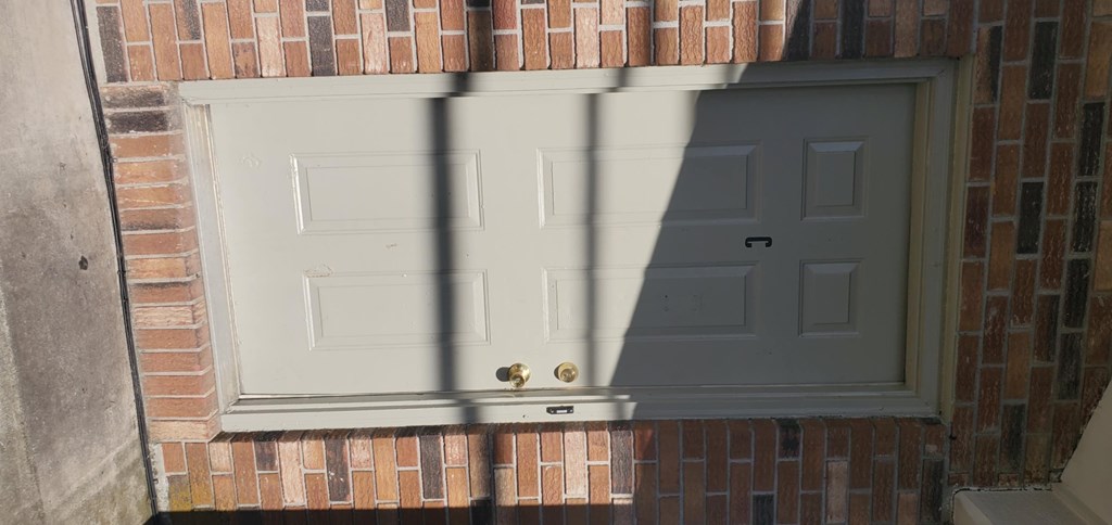A white door with a black handle is set in a brick wall.