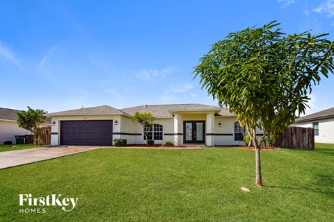 a house with a green lawn and a tree