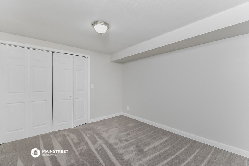 the spacious living room with two closets and carpeted flooring