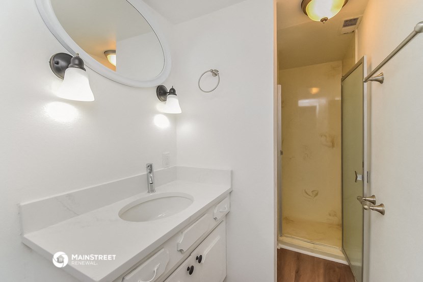 a bathroom with a sink and a mirror and a shower
