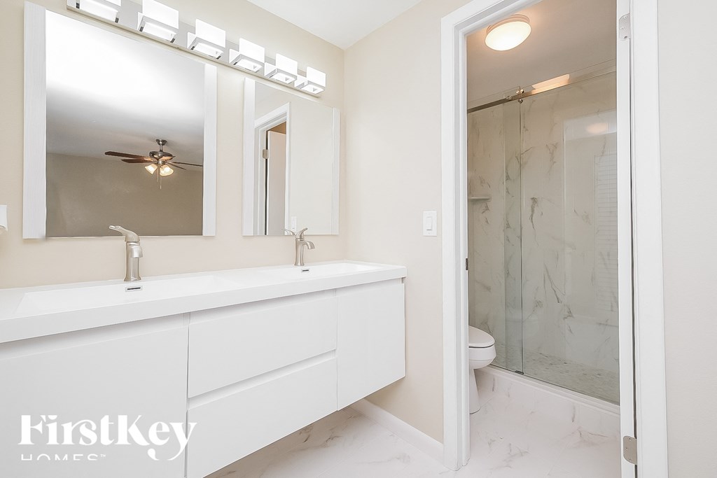 a bathroom with a sink and a shower and a mirror