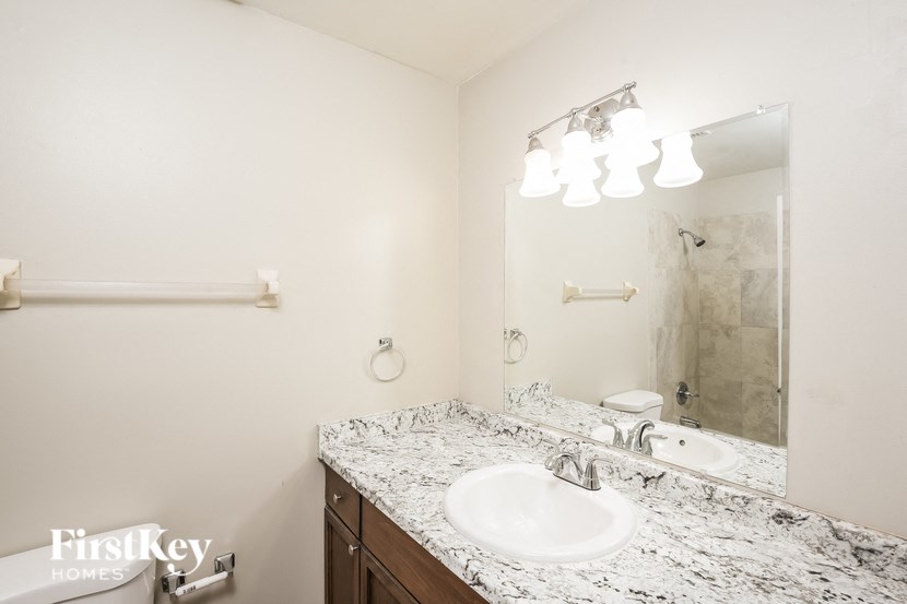 a bathroom with a sink and a mirror and a shower
