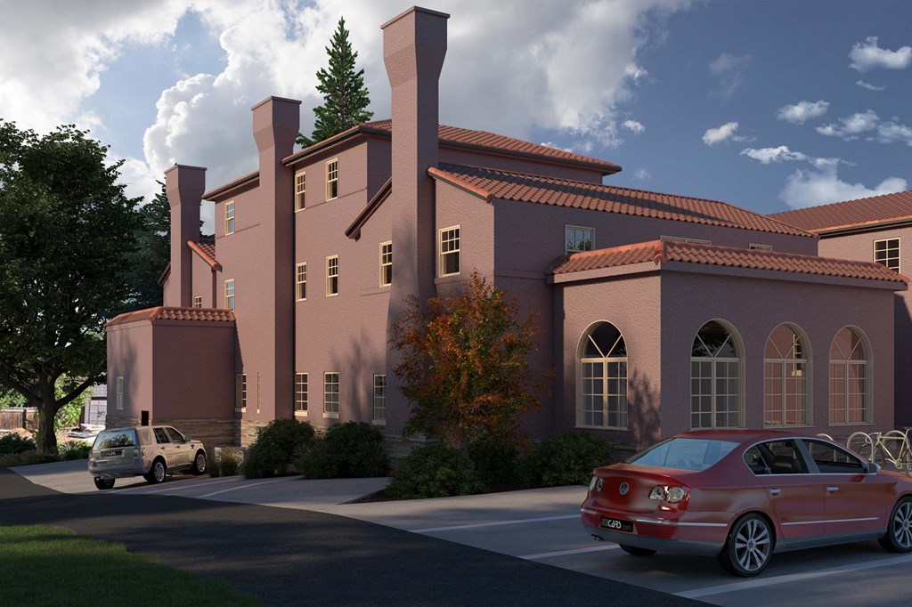 a rendering of a large building with cars parked outside