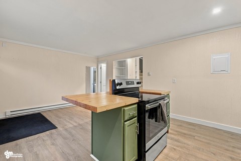 A kitchen with a wooden countertop and green cabinets.