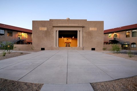 the entrance of a building with its door open