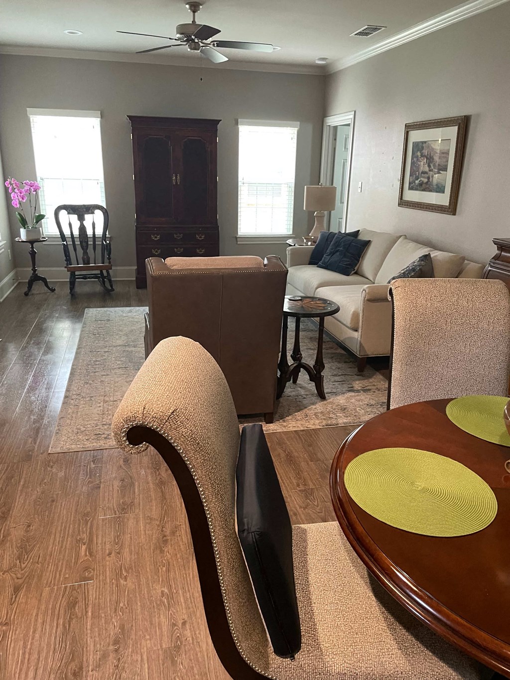 a living room with a couch and a table