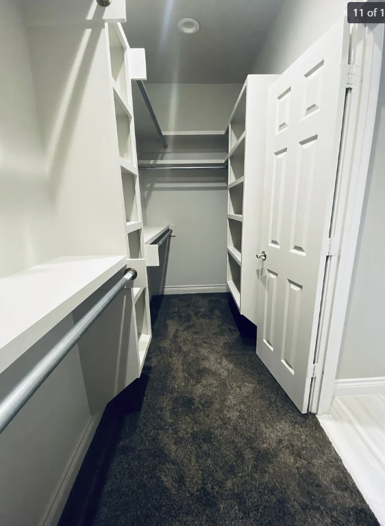 a walk in closet with shelves and a door