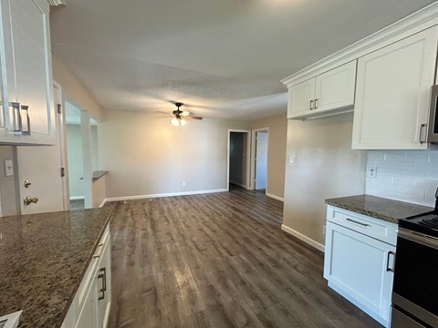 A kitchen with white cabinets and a granite countertop.