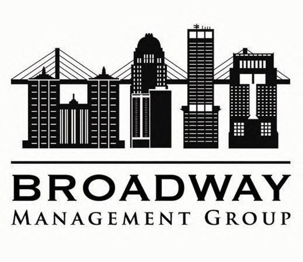 A black and white image of a city skyline with the words "Broadway Management Group" written below it.